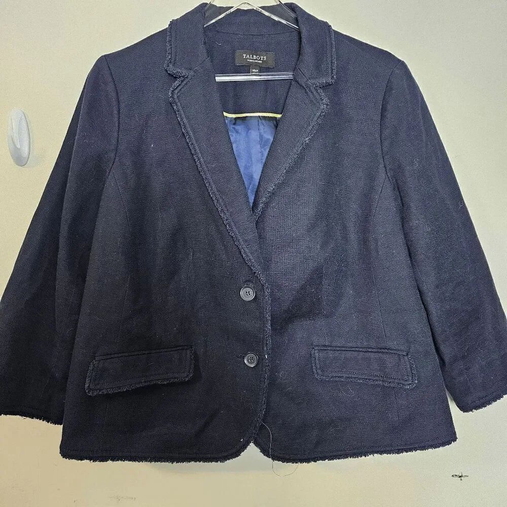 Talbots 2 Buttons Cotton Fringed Blazer Denim Stretch Jacket Career Women's Blue